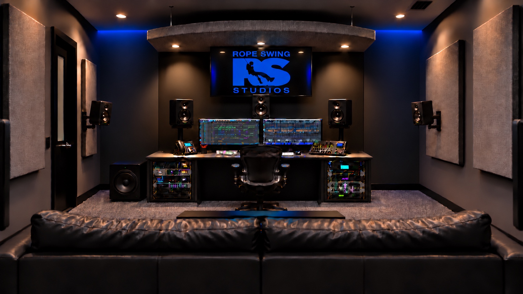 Compact sound editing bay with fabric acoustic treatment and cobalt accent lighting